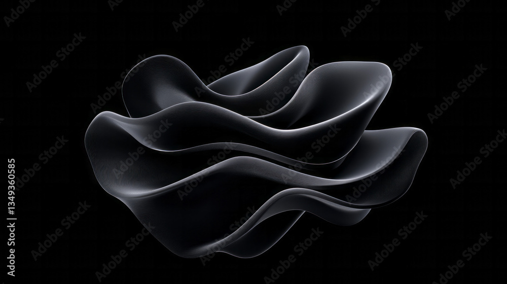 Poster a modern 3d rendering of a fluid geometric shape with dynamic curved lines, creating a hypnotic,