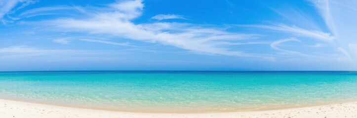 Panoramic Tropical Beach View Witness White Sandy Shoreline Clear Turquoise Ocean Under Vibrant Sky, Paradise Escape With Best Sand