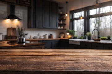 Wooden Table in a Warm Modern Kitchen
