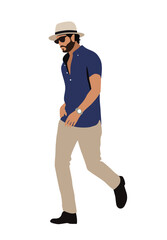 Portrait of fashion man in modern trendy outfit. Stylish guy with beard wearing casual summer clothes and hat. Colored vector illustration of fashionable man isolated 