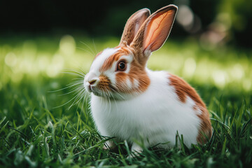 Adorable Orange and White Bunny Sitting in Green Grass