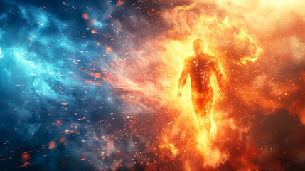 A powerful figure emerges from a vibrant explosion of blue and orange flames, symbolizing transformation and energy.