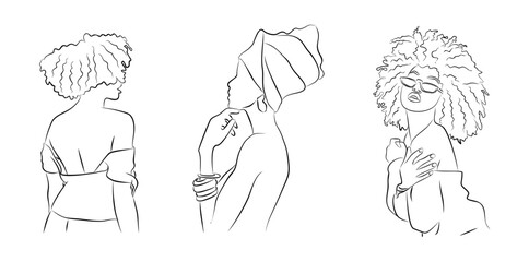 Set of Abstract African american women portraits in minimalistic modern line art style. Trendy design for beauty logo, print, tattoo, card. Vector black ink sketch isolated on white background.