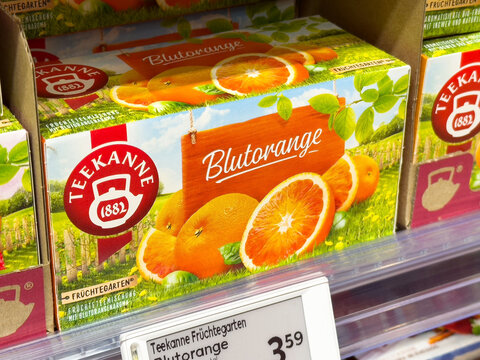 Teekanne blutorange tea packaging displayed on supermarket shelf
