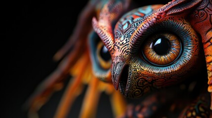 Fototapeta premium Close-up ornate owl figurine, detailed craft, dark background, fantasy