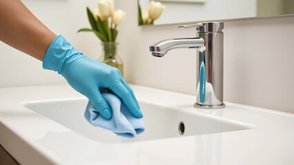 Hand in blue glove cleaning tap, cleaning in modern bathroom. Concept of hygiene and cleanliness.
