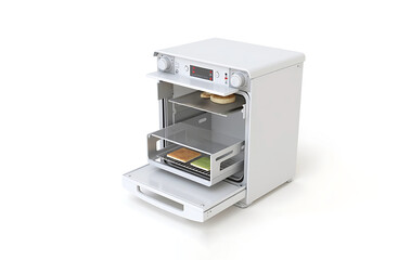 Stainless steel food warming cabinet with open trays on a white background. Concept of commercial kitchen equipment