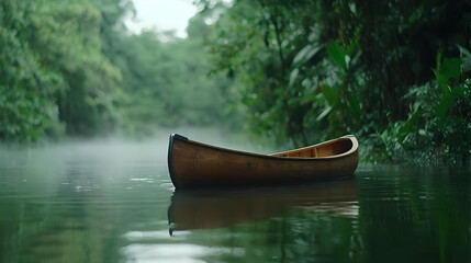 Wooden Canoe In Misty Rainforest River