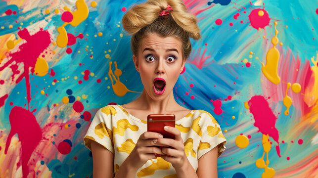 Surprised young Caucasian woman in a playful outfit gasps while looking at her phone against a vibrant, artistic background.