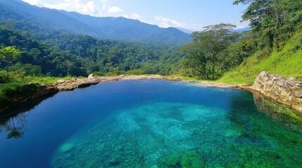 Fototapeta premium A serene natural pool surrounded by lush greenery and mountains, reflecting the beauty of the clear blue water and vibrant landscape.