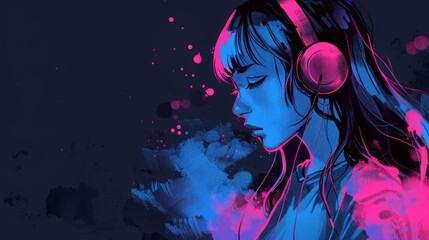 Beautiful anime girl listening to lofi hip hop music with headphones. Manga, cartoon drawing.
