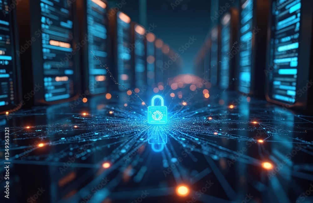 Poster digital security concept with padlock glowing. interconnected servers, data centers, network securit