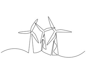 Fototapeta premium Continuous one line drawing of wind turbine. Single line drawing illustration of wind energy. Sustainable and alternative renewable energy concept vector art. Doodle line illustration.