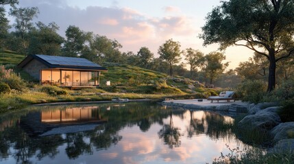 Obraz premium Scenic lakeside retreat featuring modern architecture and peaceful reflection