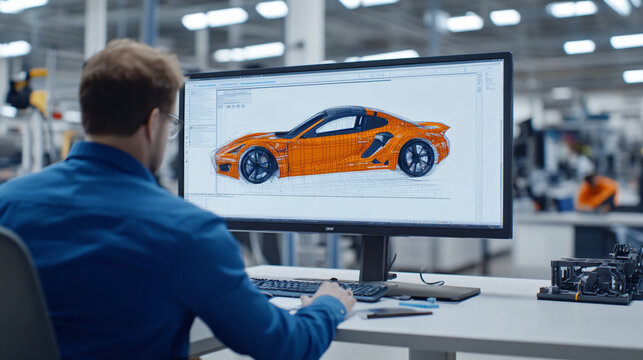 Finite element analysis engineer concentrating on detailed review of structural model using advanced computer technology in professional setting.