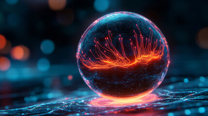 A futuristic AI core represented as a levitating neon-black sphere, covered in swirling molecular