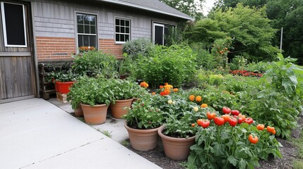 Fototapeta premium A house with a garden in front of it. The garden has many plants and flowers, including some orange and red ones