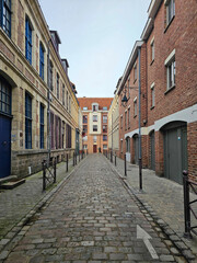 Fototapeta premium Vieux Lille Old town : Empty Narrow Cobblestone Street and Old Architectural Buildings in the Historic City Center, Northern France