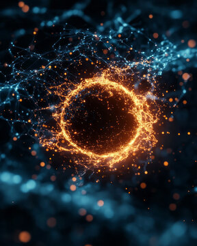 A dreamlike cosmic scene where a glowing, fluid sphere emerges from a web of interconnected
