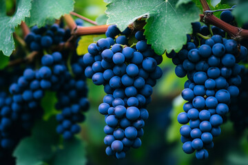 Ripe Blue Grapes Growing on Vine in Vineyard