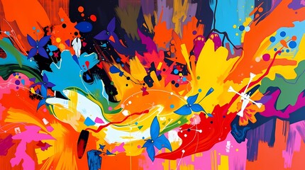 Explosion of Color and Forms: This dynamic artwork bursts with a kaleidoscope of vibrant hues and shapes, creating a visual feast. The abstract composition is alive with energy and movement.