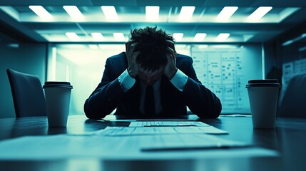 A businessman sitting in a cluttered office, looking stressed and exhausted