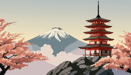 Japanese pagoda on mountain with cherry blossoms and Mount Fuji in the background. Traditional Japan landscape with sakura trees, red temple, and snow-capped Mount Fuji. iconic Pagoda and Mount Fuji © Joko
