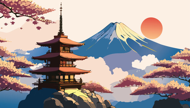 Japanese pagoda with Mount Fuji and sunrise background, surrounded by cherry blossoms. temple in Japan landscape with Fuji mountain, sakura trees, red sun. Scenic sunrise behind Mount Fuji with pagoda