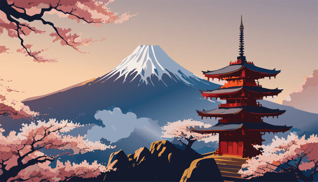 Scenic Japanese pagoda with Mount Fuji and cherry blossoms in vector spring sunset. Traditional Japan temple under sakura trees with Fuji mountain at dusk in flat vector. Mount Fuji with red pagoda