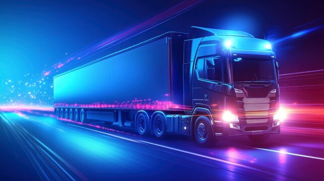 Futuristic semi-truck speeding on highway at night with glowing light trails. - Powered by Adobe
