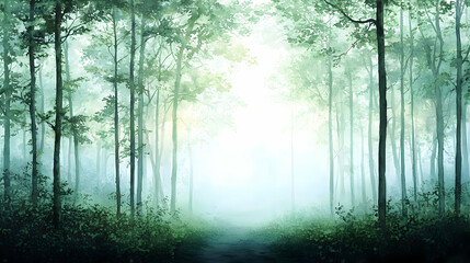 Watercolor Forest Scene with Dense Trees and Morning Fog Sunlight Through Branches