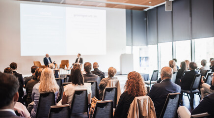 Interview and round table discussion at business convention and presentation. Audience at the...
