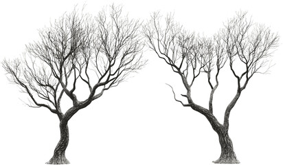 Vector dead trees, leafless branches cutout, dry twigs PNG, silhouette tree shapes, isolated elements, bare tree limbs, transparent background, nature design, winter barren trees