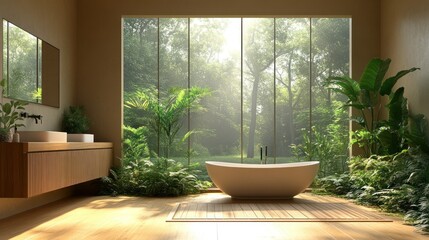 Sunlit bathroom with freestanding tub, abundant greenery, and large window overlooking lush forest