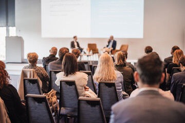 Interview and round table discussion at business convention and presentation. Audience at the...