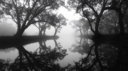 Obraz premium Misty Morning Reflections: A Monochromatic Escape into Nature's Serenity