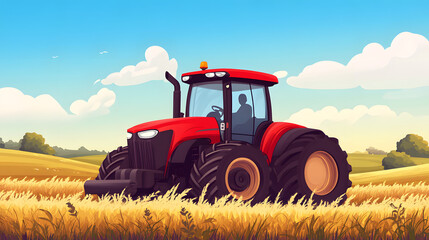 Obraz premium Colorful Cartoon Vector Illustration of a Tractor in the Farm Scene