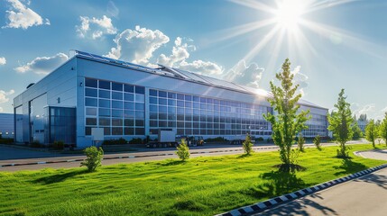 Naklejka premium Eco-friendly Industrial Facility - Large manufacturing plant with solar panels and energy-efficient systems to reduce environmental impact 