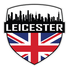 Fototapeta premium Leicester Uk Flag Skyline Cityscape Silhouette Travel Souvenir Sticker Isolated Vector