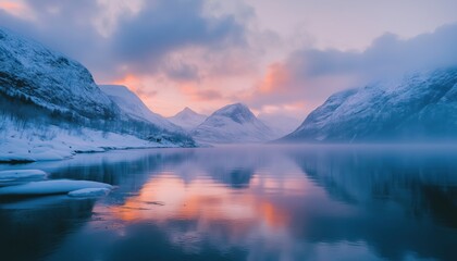 Fototapeta premium Winter Wonderland: Majestic Fjords And High Mountains At Twilight In Norway