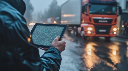 Person using tablet with navigation app, truck in background, rainy day.