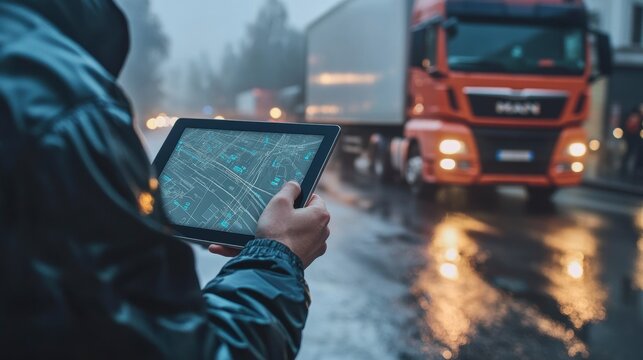 Person using tablet with navigation app, truck in background, rainy day.