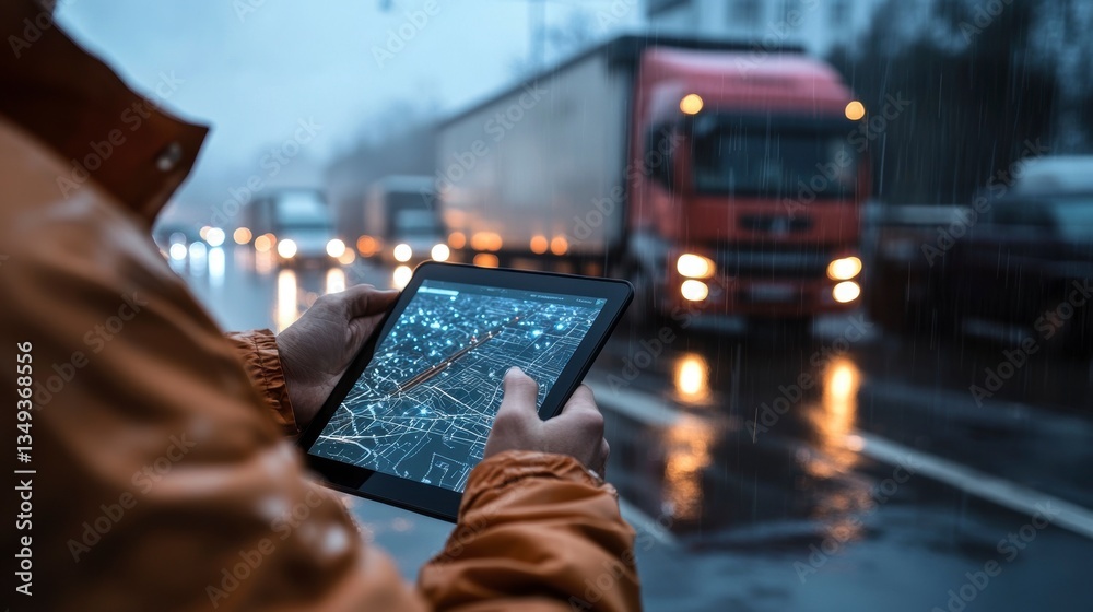 Poster person using tablet displaying gps navigation in rainy traffic.