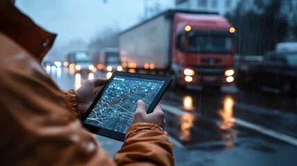 Person using tablet displaying GPS navigation in rainy traffic.