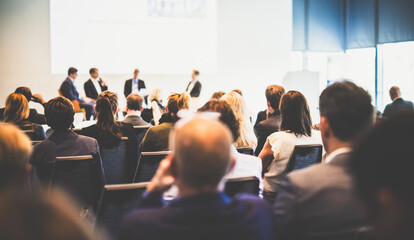 Interview and round table discussion at business convention and presentation. Audience at the...