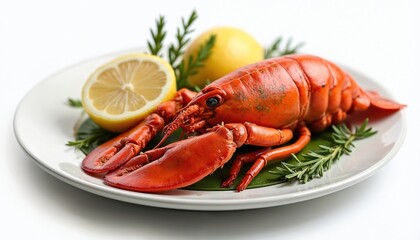 Cooked lobster served on white plate with lemon and herbs. Gourmet seafood, dinner, meal concept. Delicious tasty food for fine dining, epicure. Fresh lobster with citrus slice, green herbs.