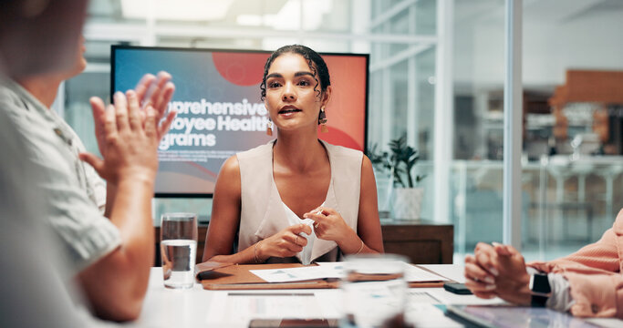 Collaboration, improvement and meeting with business people in boardroom of office for workshop. Human resources, mental health and presentation with employee team in workplace for staff wellness