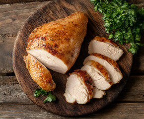 Smoked chicken fillet and sliced on wooden board. Rustic organic food, top view