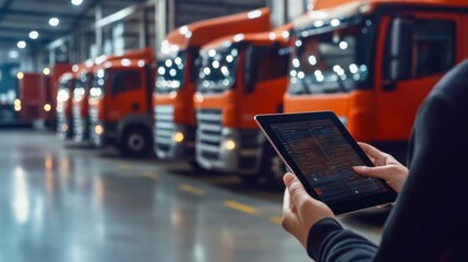 Person using tablet, managing fleet of orange semi-trucks in warehouse.