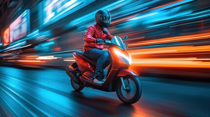 Fast scooter ride at night through city lights